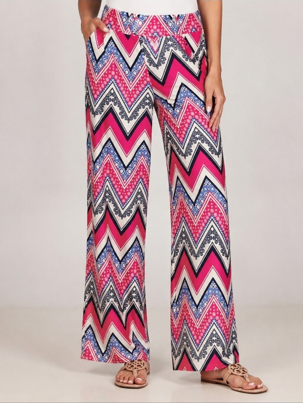 Jude Connally Chevron Print Pants M Pink Blue Pull-On Stretch Resort